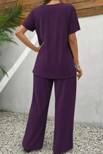 Kadın Kısa Kollu Bisiklet Yaka Asimetrik Kesim Detaylı Bürümcük Bluz Ve Pantolon Ikili Takım - 3