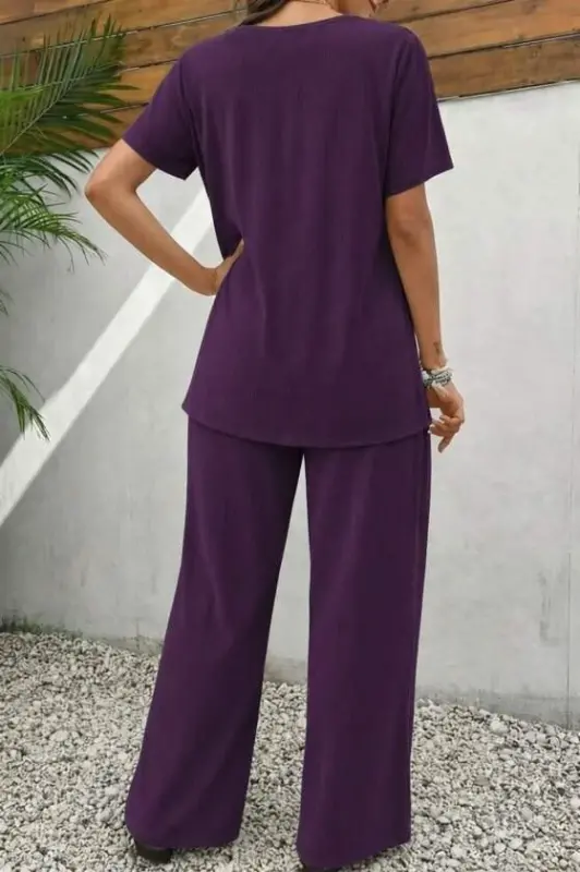 Kadın Kısa Kollu Bisiklet Yaka Asimetrik Kesim Detaylı Bürümcük Bluz Ve Pantolon Ikili Takım - 3