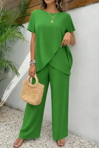 Kadın Kısa Kollu Bisiklet Yaka Asimetrik Kesim Detaylı Bürümcük Bluz Ve Pantolon Ikili Takım - 1