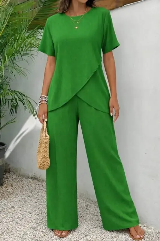 Kadın Kısa Kollu Bisiklet Yaka Asimetrik Kesim Detaylı Bürümcük Bluz Ve Pantolon Ikili Takım - 2