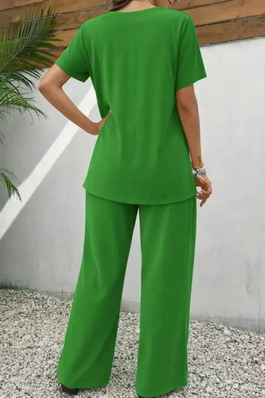 Kadın Kısa Kollu Bisiklet Yaka Asimetrik Kesim Detaylı Bürümcük Bluz Ve Pantolon Ikili Takım - 3