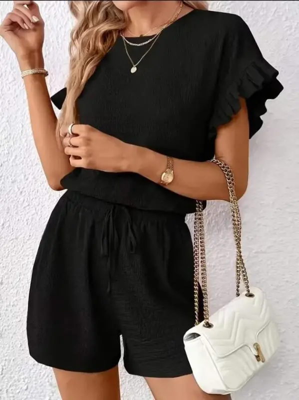 Kadın Kısa Kollu Bisiklet Yaka Bürümcük Bluz Ve Kısa Short Ikili Takım - 1