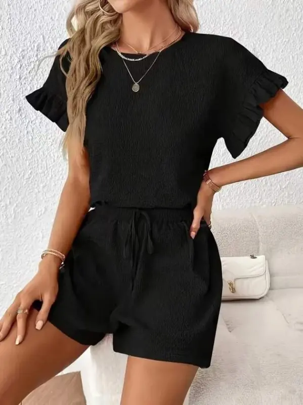 Kadın Kısa Kollu Bisiklet Yaka Bürümcük Bluz Ve Kısa Short Ikili Takım - 2