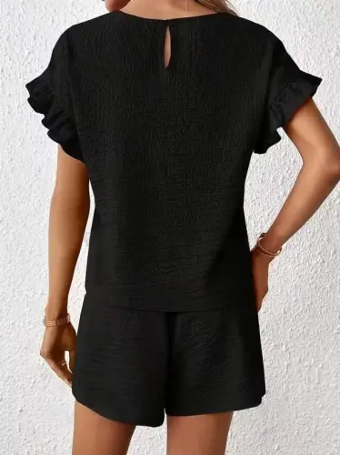 Kadın Kısa Kollu Bisiklet Yaka Bürümcük Bluz Ve Kısa Short Ikili Takım - 3