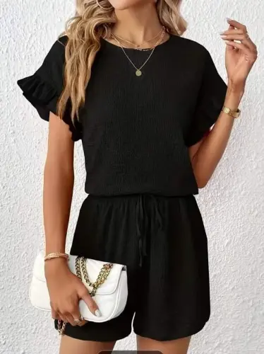 Kadın Kısa Kollu Bisiklet Yaka Bürümcük Bluz Ve Kısa Short Ikili Takım - 4