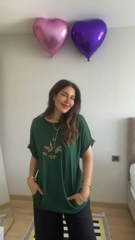 Kadın Kısa Kollu Bisiklet Yaka Cepli Kelebek Baskılı Viskon Elbise - 1