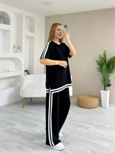 Kadın Kısa Kollu Bisiklet Yaka çift Renk şerit Detaylı Viskon Iki Iplik Bluz Ve Pantolon Ikili Takım - 2