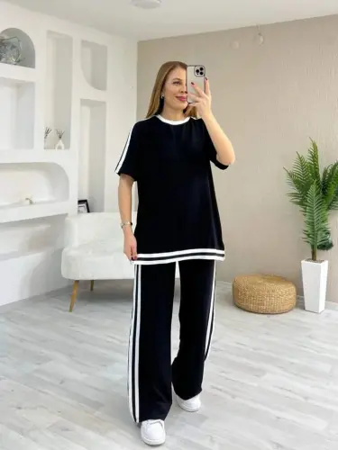 Kadın Kısa Kollu Bisiklet Yaka çift Renk şerit Detaylı Viskon Iki Iplik Bluz Ve Pantolon Ikili Takım - 4