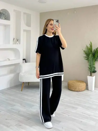 Kadın Kısa Kollu Bisiklet Yaka çift Renk şerit Detaylı Viskon Iki Iplik Bluz Ve Pantolon Ikili Takım - 8