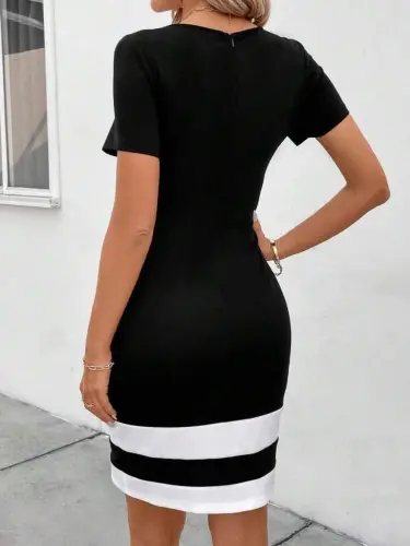 Kadın Kısa Kollu Bisiklet Yaka çift Renkli Ithal Krep Elbise - 3