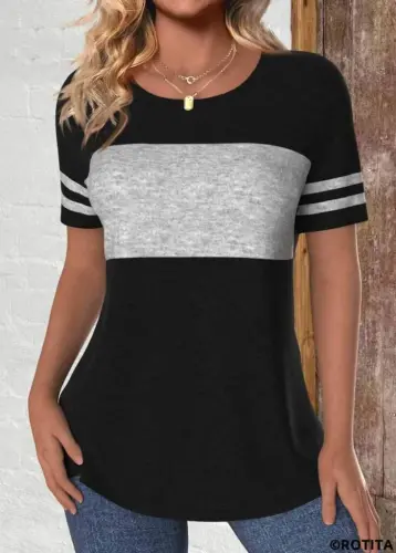 Kadın Kısa Kollu Bisiklet Yaka çift Renkli Viskon Bluz - 1