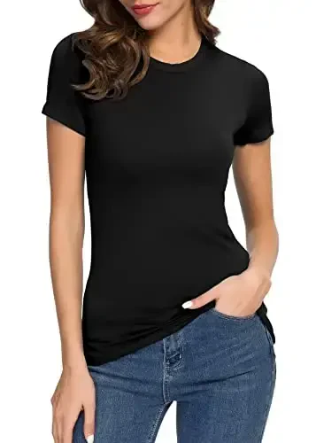 Women's Crewneck Slim Fitted Short Sleeve T-Shirt Stretchy Bodycon Basic Tee Tops - 1