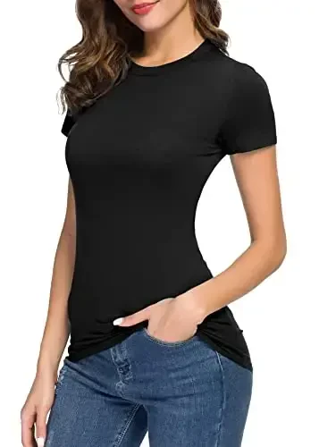 Women's Crewneck Slim Fitted Short Sleeve T-Shirt Stretchy Bodycon Basic Tee Tops - 3