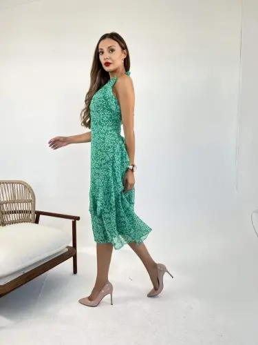 Kadın Kısa Kollu Bisiklet Yaka Derin Yırtmaç Detay Viskon Elbise - 6