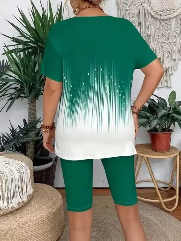 Kadın Kısa Kollu Bisiklet Yaka Desenli Dalgıç Bluz Ve Tayt Ikili Takım - 2