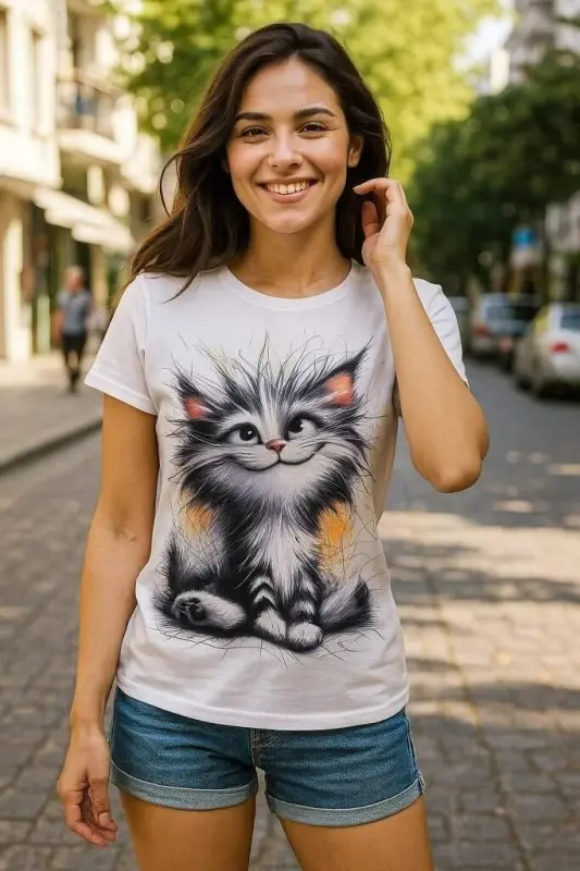Kadın Kısa Kollu Bisiklet Yaka Kedi Baskılı Süprem Bluz - 2