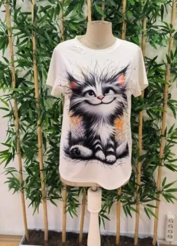 Kadın Kısa Kollu Bisiklet Yaka Kedi Baskılı Süprem Bluz - 3
