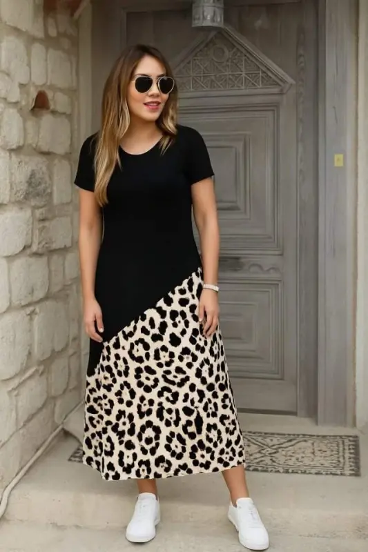 Kadın Kısa Kollu Bisiklet Yaka Leopar Detaylı Midi üst Viskon Alt Süprem Elbise - 1