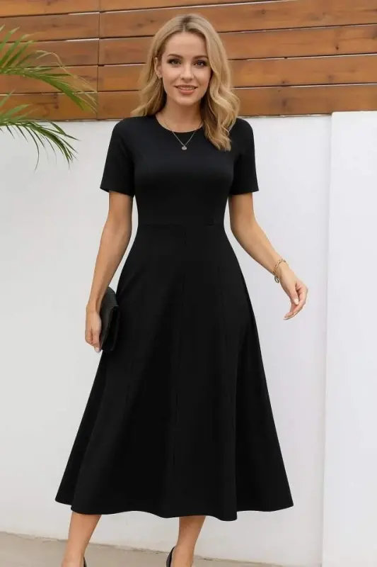 Kadın Kısa Kollu Bisiklet Yaka Maksi Boy Ithal Krep Elbise - BÜYÜKBEDENIZ