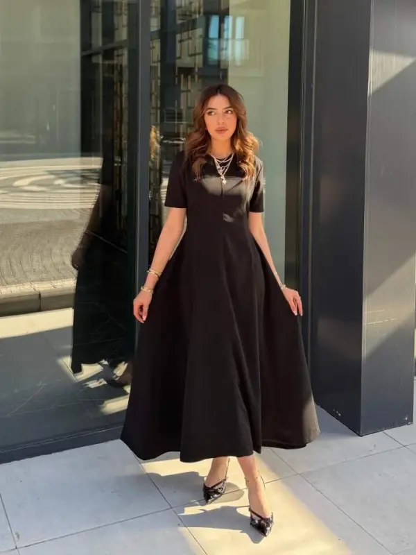 Kadın Kısa Kollu Bisiklet Yaka Maksi Boy Ithal Krep Elbise - BÜYÜKBEDENIZ