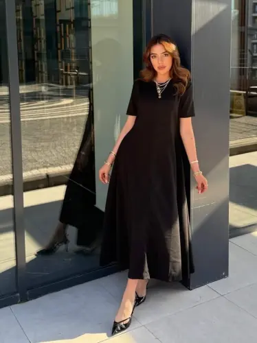 Kadın Kısa Kollu Bisiklet Yaka Maksi Boy Ithal Krep Elbise - BÜYÜKBEDENIZ (1)