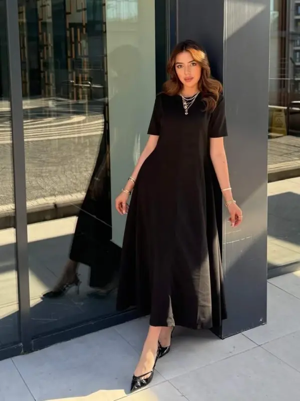 Kadın Kısa Kollu Bisiklet Yaka Maksi Boy Ithal Krep Elbise - 2