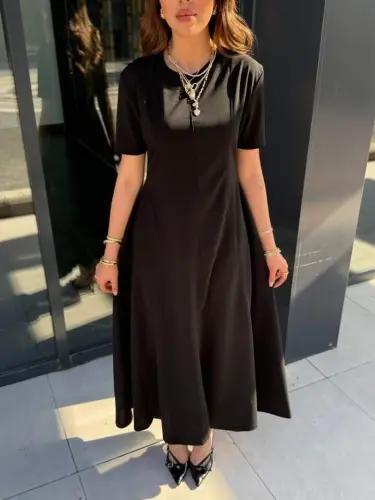 Kadın Kısa Kollu Bisiklet Yaka Maksi Boy Ithal Krep Elbise - 3