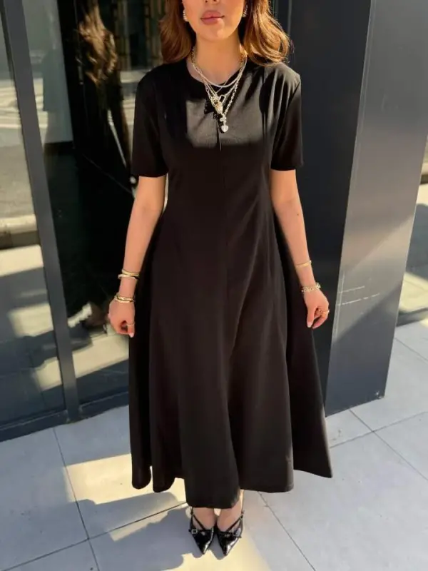 Kadın Kısa Kollu Bisiklet Yaka Maksi Boy Ithal Krep Elbise - 3