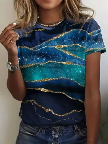 Kadın Kısa Kollu Bisiklet Yaka Mavili Sim Baskılı Sandy Bluz - 3