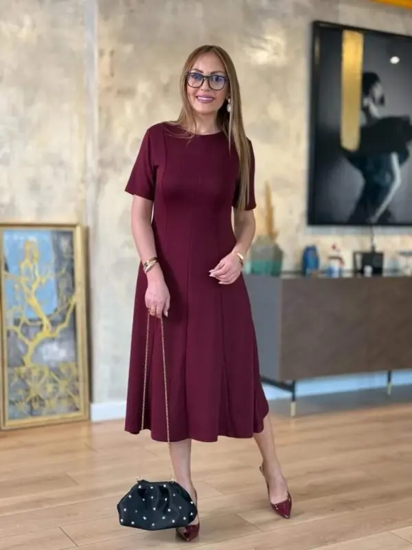 Kadın Kısa Kollu Bisiklet Yaka Midi Viskon Iki Iplik Elbise - 2