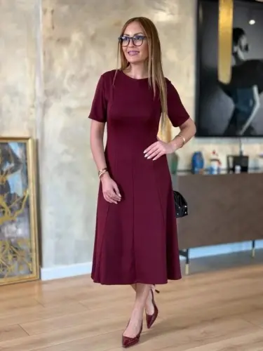 Kadın Kısa Kollu Bisiklet Yaka Midi Viskon Iki Iplik Elbise - 5