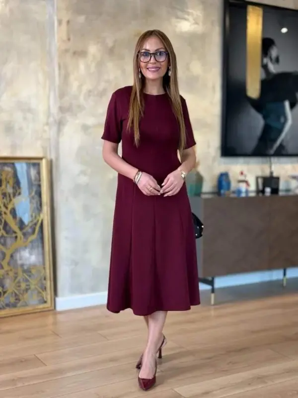 Kadın Kısa Kollu Bisiklet Yaka Midi Viskon Iki Iplik Elbise - 6