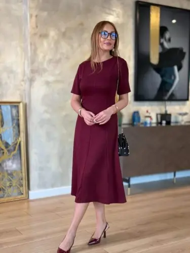 Kadın Kısa Kollu Bisiklet Yaka Midi Viskon Iki Iplik Elbise - 4