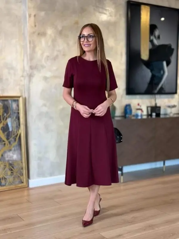 Kadın Kısa Kollu Bisiklet Yaka Midi Viskon Iki Iplik Elbise - BÜYÜKBEDENIZ