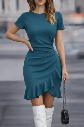 Kadın Kısa Kollu Bisiklet Yaka önden Volanlı Ithal Krep Elbise - 1