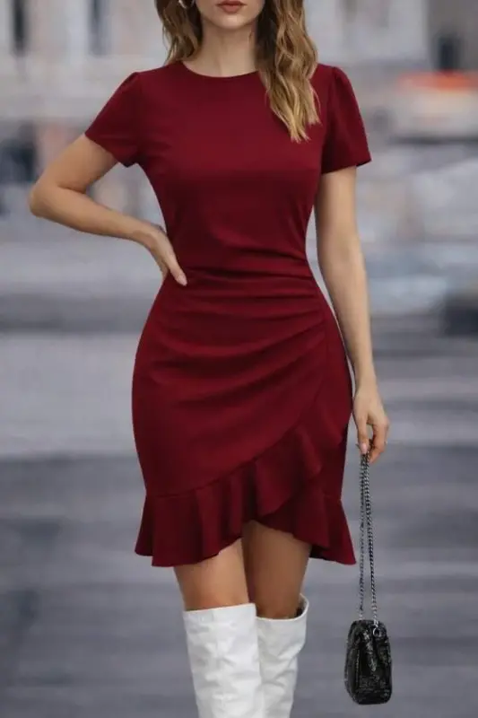 Kadın Kısa Kollu Bisiklet Yaka önden Volanlı Ithal Krep Elbise - BÜYÜKBEDENIZ