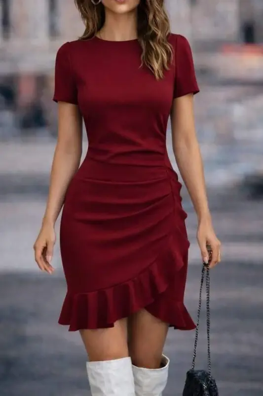 Kadın Kısa Kollu Bisiklet Yaka önden Volanlı Ithal Krep Elbise - 2