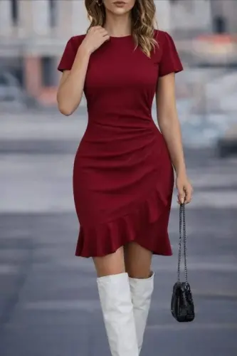 Kadın Kısa Kollu Bisiklet Yaka önden Volanlı Ithal Krep Elbise - 3