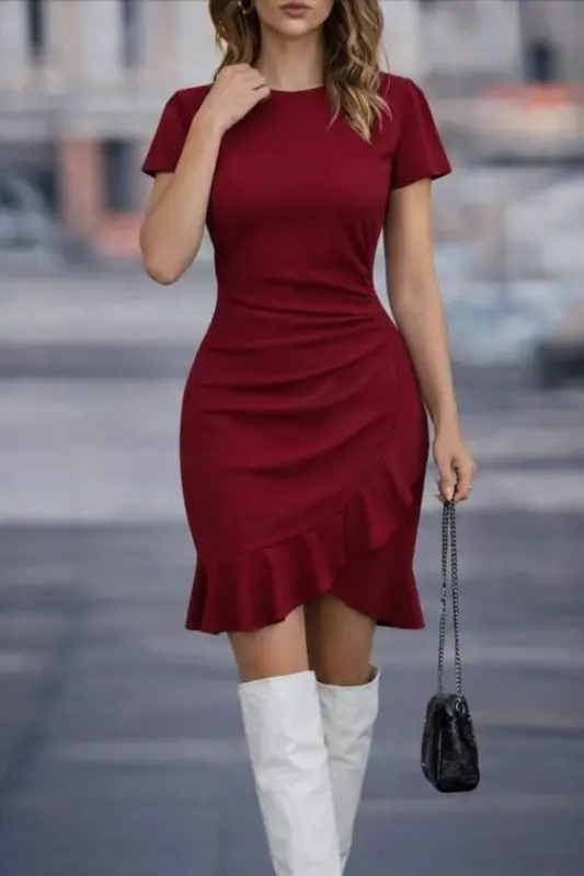 Kadın Kısa Kollu Bisiklet Yaka önden Volanlı Ithal Krep Elbise - 3