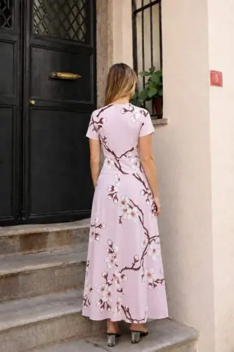 Kadın Kısa Kollu Bisiklet Yaka Puantiyeli Maksi örme Krep Elbise - 3