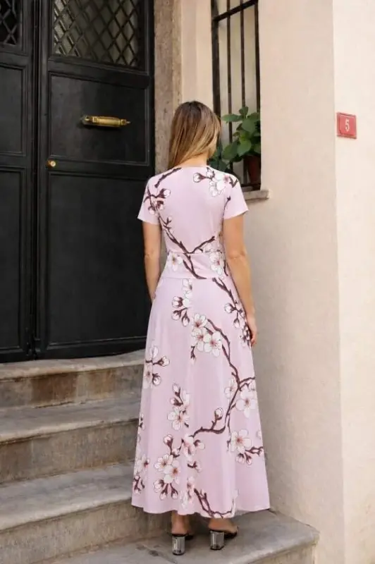 Kadın Kısa Kollu Bisiklet Yaka Puantiyeli Maksi örme Krep Elbise - 3