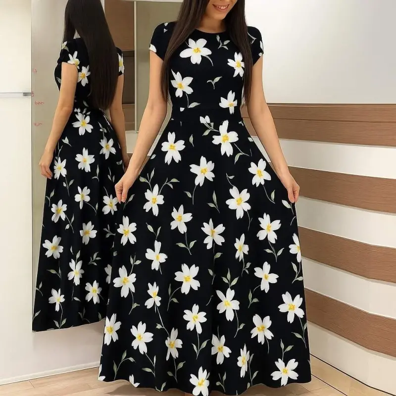 Kadın Kısa Kollu Bisiklet Yaka Puantiyeli Maksi örme Krep Elbise - BÜYÜKBEDENIZ