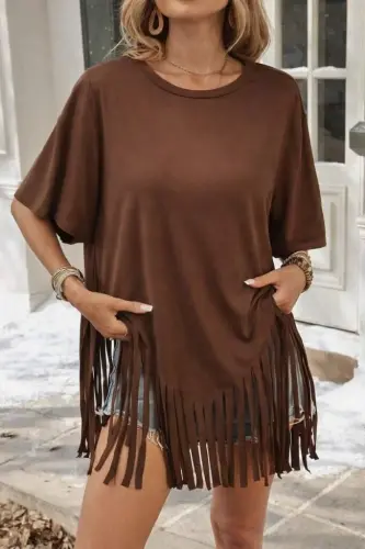 Kadın Kısa Kollu Bisiklet Yaka Püsküllü Viskon Bluz - BÜYÜKBEDENIZ (1)