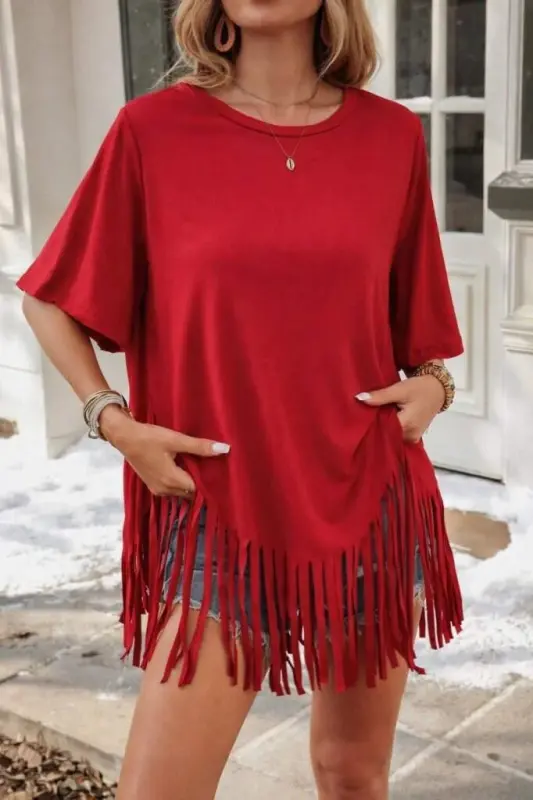 Kadın Kısa Kollu Bisiklet Yaka Püsküllü Viskon Bluz - 2