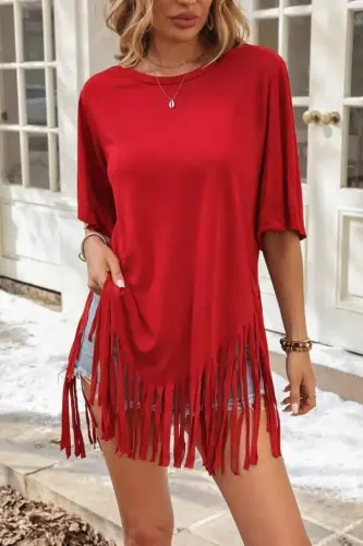 Kadın Kısa Kollu Bisiklet Yaka Püsküllü Viskon Bluz - 4