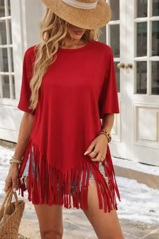 Kadın Kısa Kollu Bisiklet Yaka Püsküllü Viskon Bluz - 3