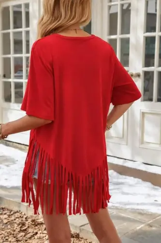 Kadın Kısa Kollu Bisiklet Yaka Püsküllü Viskon Bluz - 5