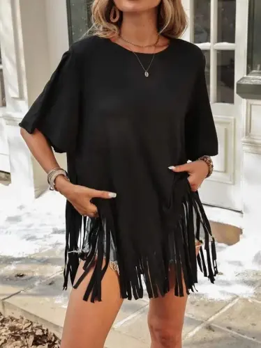 Kadın Kısa Kollu Bisiklet Yaka Püsküllü Viskon Bluz - BÜYÜKBEDENIZ (1)