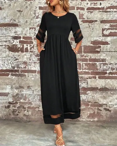 Kadın Kısa Kollu Bisiklet Yaka Tül Detaylı Janjan Krep Maksi Elbise - 1