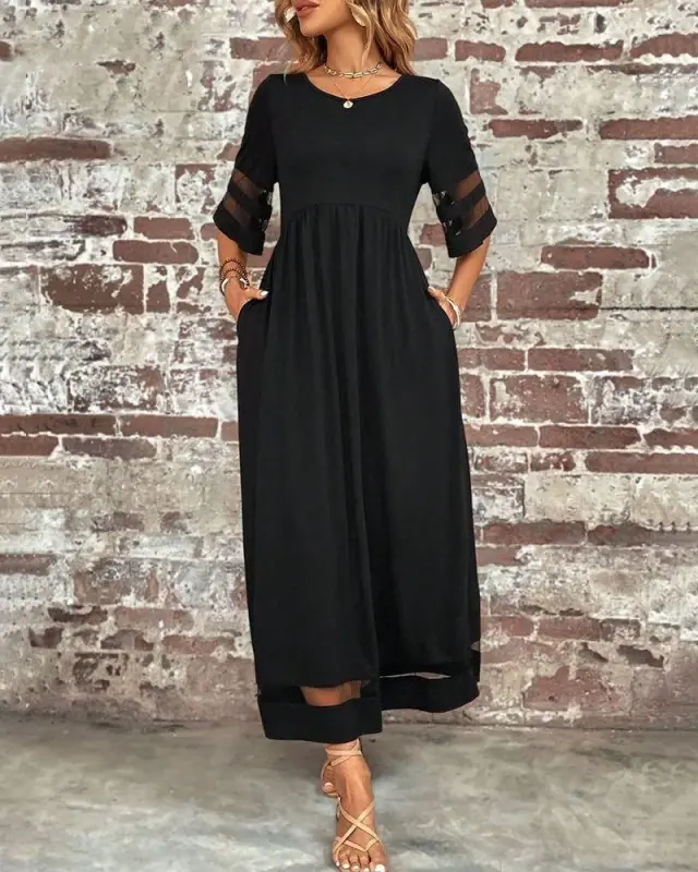 Kadın Kısa Kollu Bisiklet Yaka Tül Detaylı Janjan Krep Maksi Elbise - 1